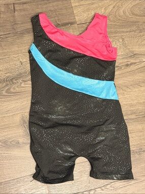 Black Sparkle Gymnastics Leotard with Pink and Teal Accent
